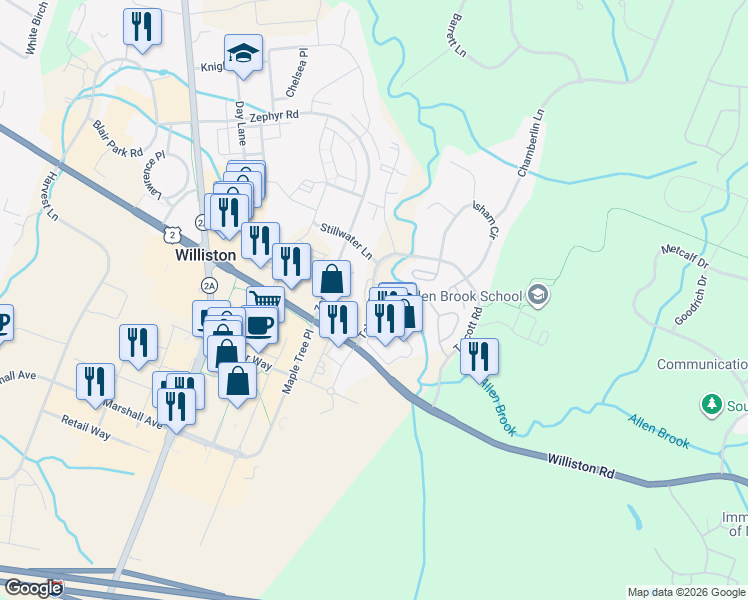 map of restaurants, bars, coffee shops, grocery stores, and more near 102 Talcott Road in Williston