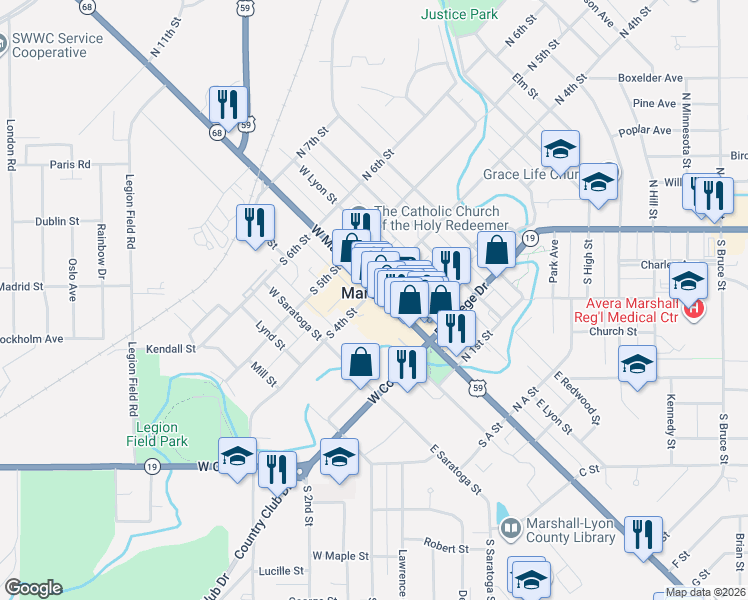 map of restaurants, bars, coffee shops, grocery stores, and more near 351 West Main Street in Marshall