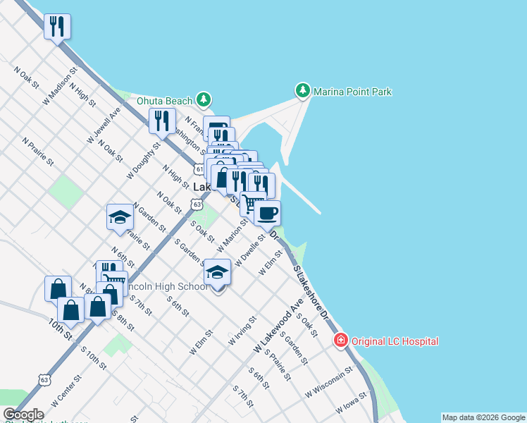 map of restaurants, bars, coffee shops, grocery stores, and more near 310 South Washington Street in Lake City