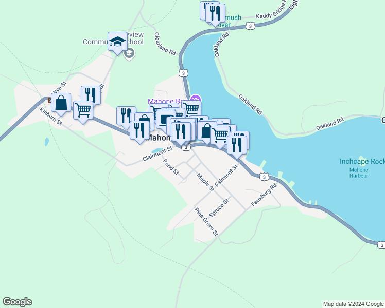 map of restaurants, bars, coffee shops, grocery stores, and more near 14 Pleasant Street in Mahone Bay