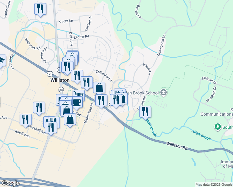map of restaurants, bars, coffee shops, grocery stores, and more near 102 Talcott Road in Williston