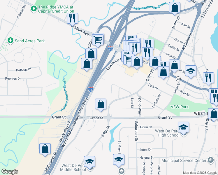 map of restaurants, bars, coffee shops, grocery stores, and more near 416 Aloysius Court in De Pere