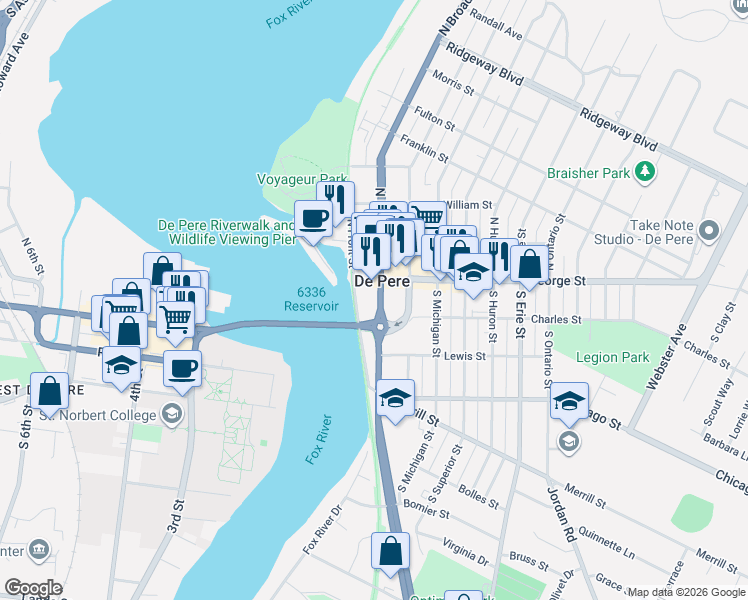 map of restaurants, bars, coffee shops, grocery stores, and more near 126 South Broadway in De Pere