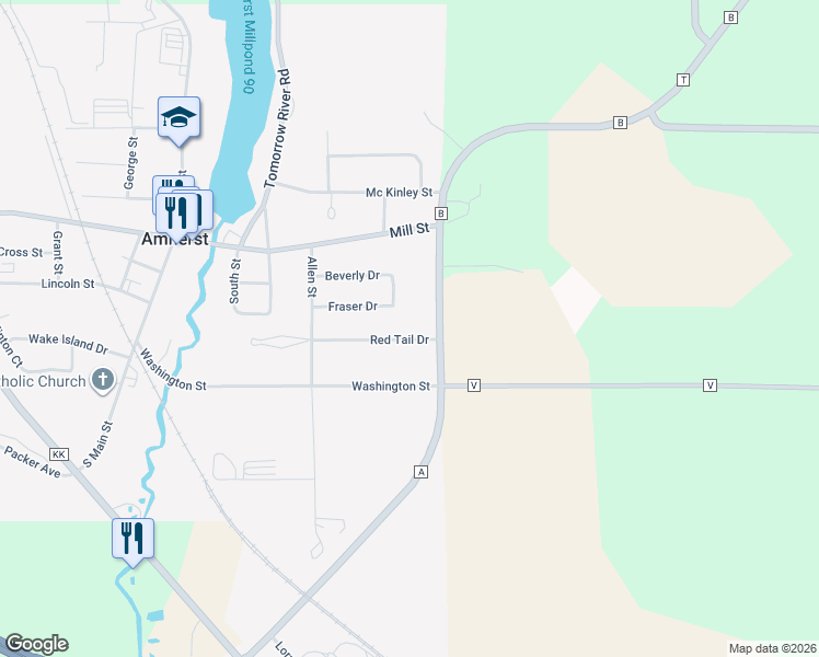 map of restaurants, bars, coffee shops, grocery stores, and more near 501 Red Tail Drive in Amherst