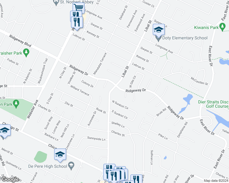 map of restaurants, bars, coffee shops, grocery stores, and more near 1808 Ridgeway Drive in De Pere