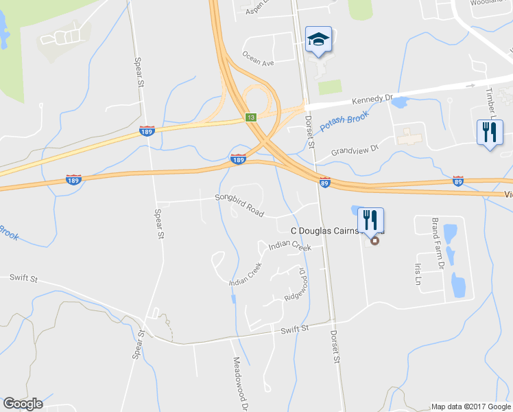map of restaurants, bars, coffee shops, grocery stores, and more near 15 Hummingbird Lane in South Burlington