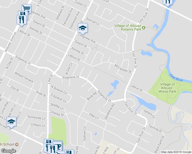map of restaurants, bars, coffee shops, grocery stores, and more near Manitowish Place in De Pere