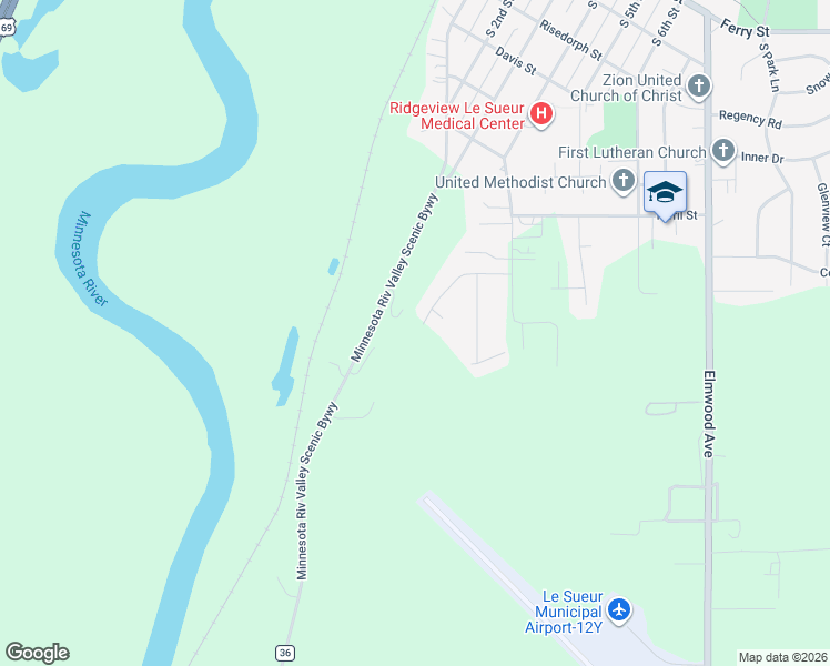 map of restaurants, bars, coffee shops, grocery stores, and more near 398 Ridge Road in Le Sueur