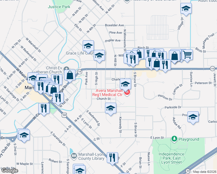 map of restaurants, bars, coffee shops, grocery stores, and more near 302 South Hill Street in Marshall