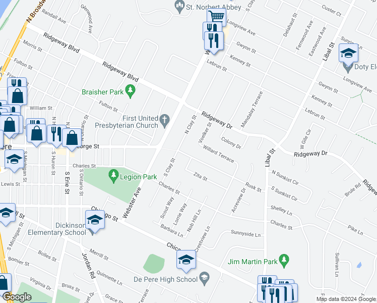 map of restaurants, bars, coffee shops, grocery stores, and more near 1515 Rusk Street in De Pere