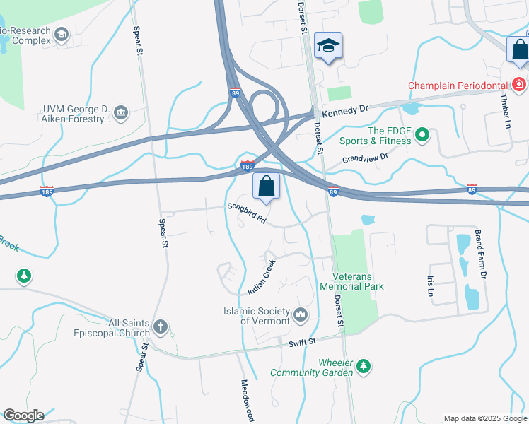 map of restaurants, bars, coffee shops, grocery stores, and more near 15 Hummingbird Lane in South Burlington