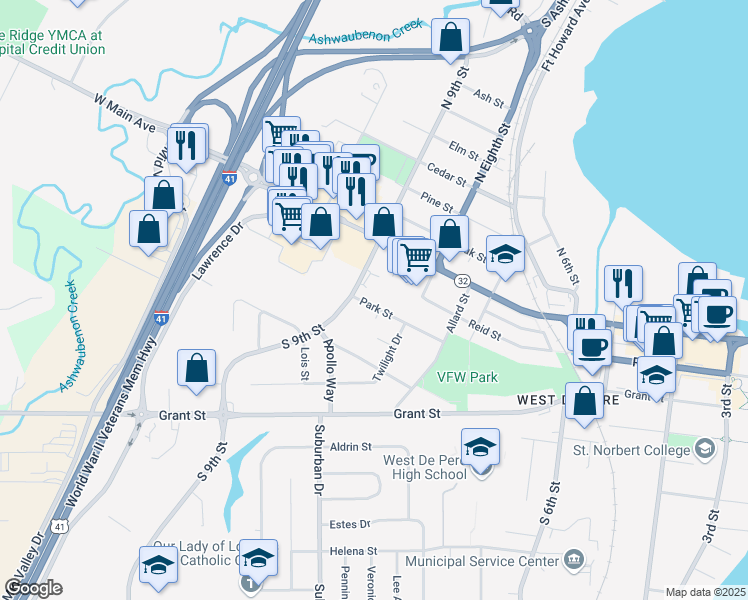 map of restaurants, bars, coffee shops, grocery stores, and more near 812 Park Street in De Pere