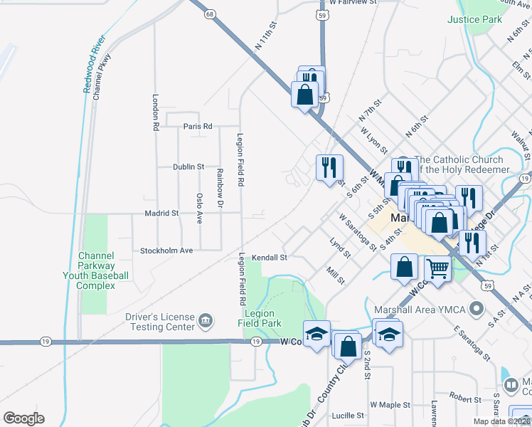 map of restaurants, bars, coffee shops, grocery stores, and more near 305 Legion Field Road in Marshall