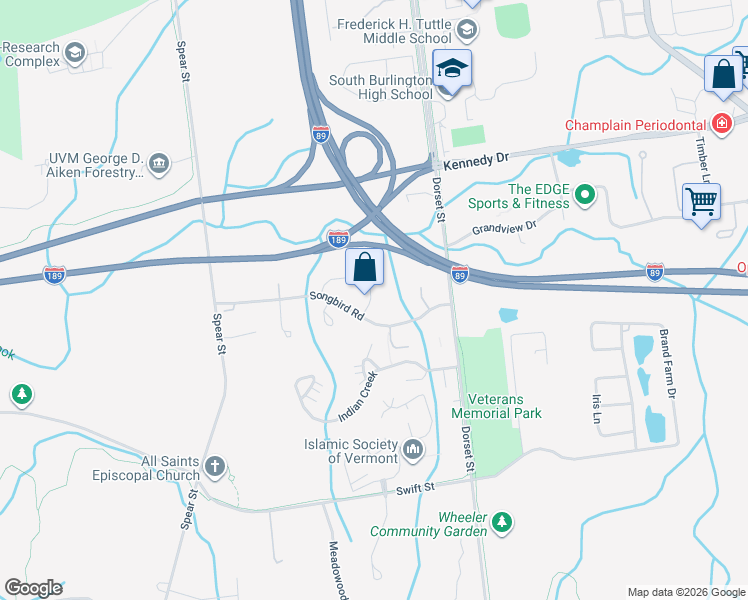 map of restaurants, bars, coffee shops, grocery stores, and more near 44 Hummingbird Lane in South Burlington