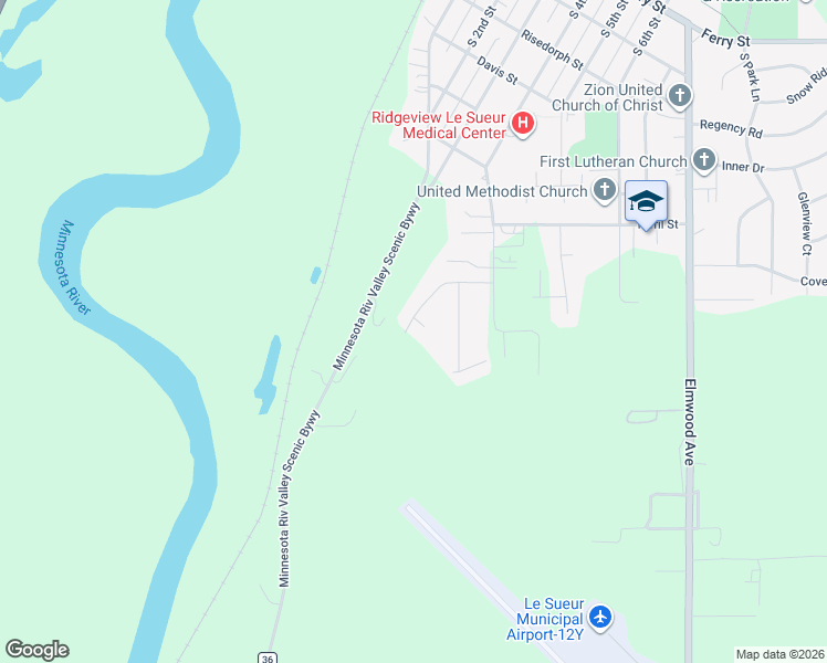 map of restaurants, bars, coffee shops, grocery stores, and more near 398 Ridge Road in Le Sueur