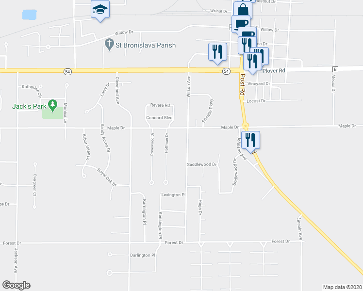 map of restaurants, bars, coffee shops, grocery stores, and more near 3335 Wilson Avenue in Plover