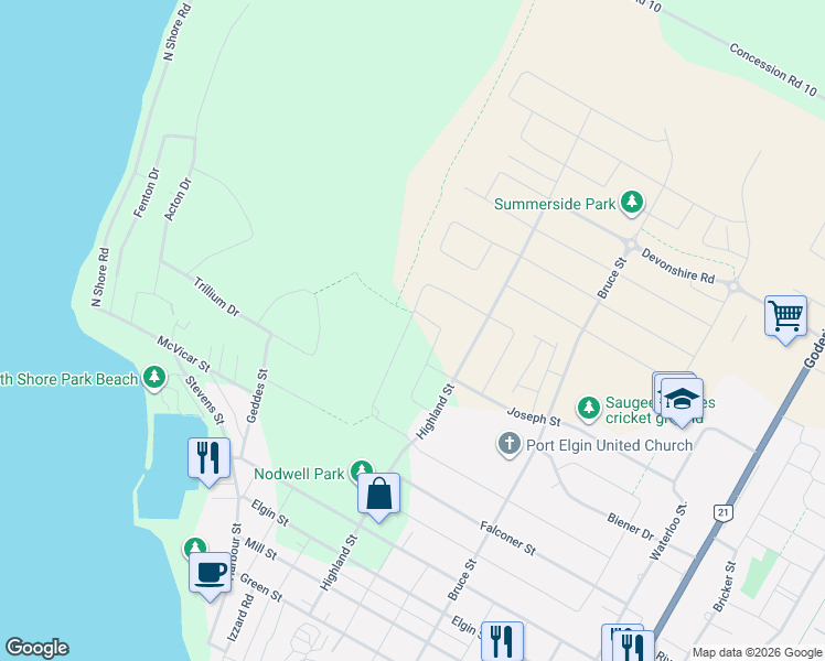 map of restaurants, bars, coffee shops, grocery stores, and more near 939 Piccadilly Drive in Port Elgin