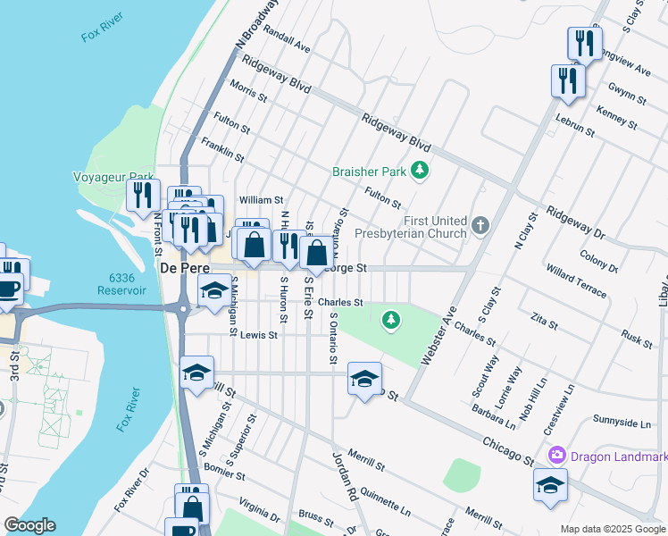 map of restaurants, bars, coffee shops, grocery stores, and more near George Street in De Pere