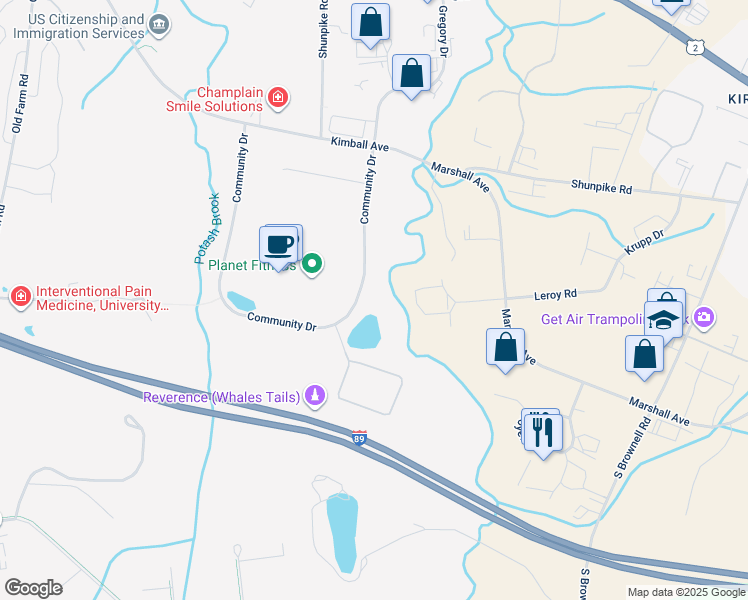 map of restaurants, bars, coffee shops, grocery stores, and more near 55 Community Drive in South Burlington