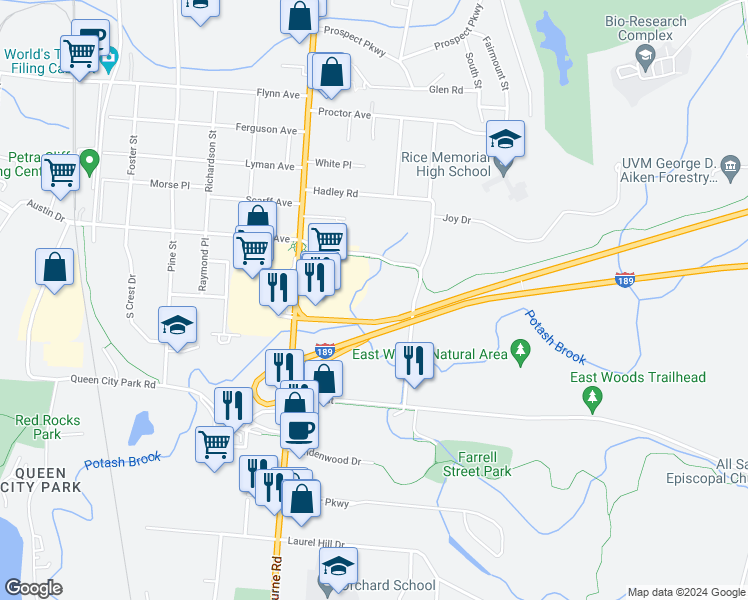 map of restaurants, bars, coffee shops, grocery stores, and more near 349 Farrell Street in South Burlington