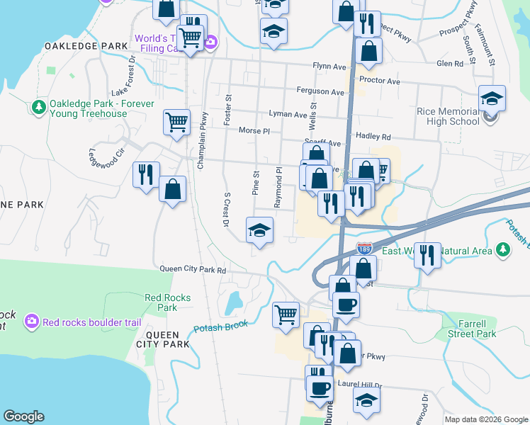 map of restaurants, bars, coffee shops, grocery stores, and more near 15 Raymond Place in Burlington