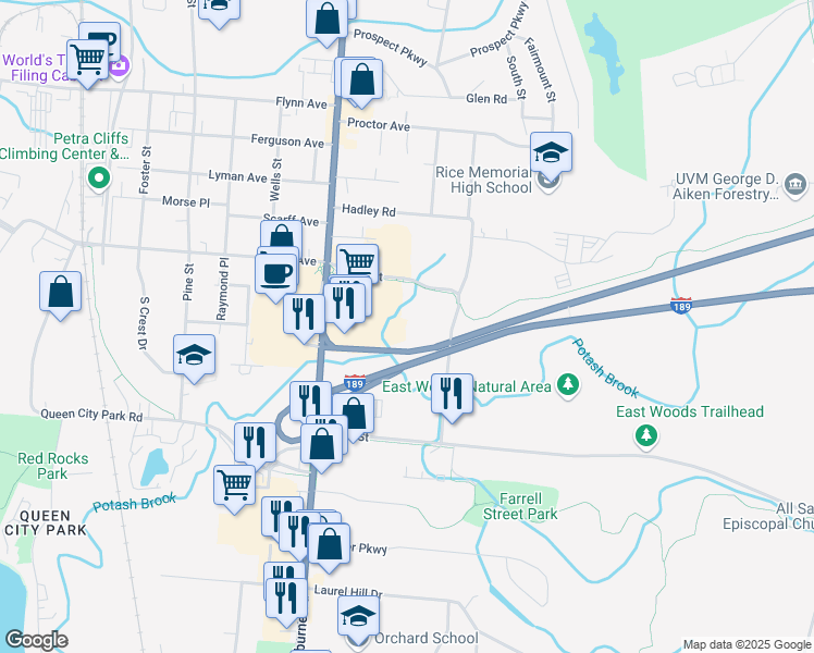 map of restaurants, bars, coffee shops, grocery stores, and more near 409 Farrell Street in South Burlington