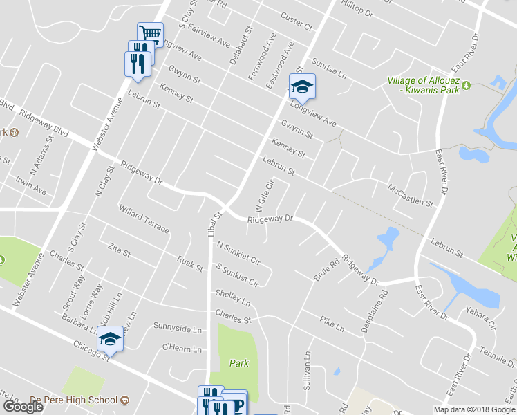 map of restaurants, bars, coffee shops, grocery stores, and more near 800 West Gile Circle in De Pere