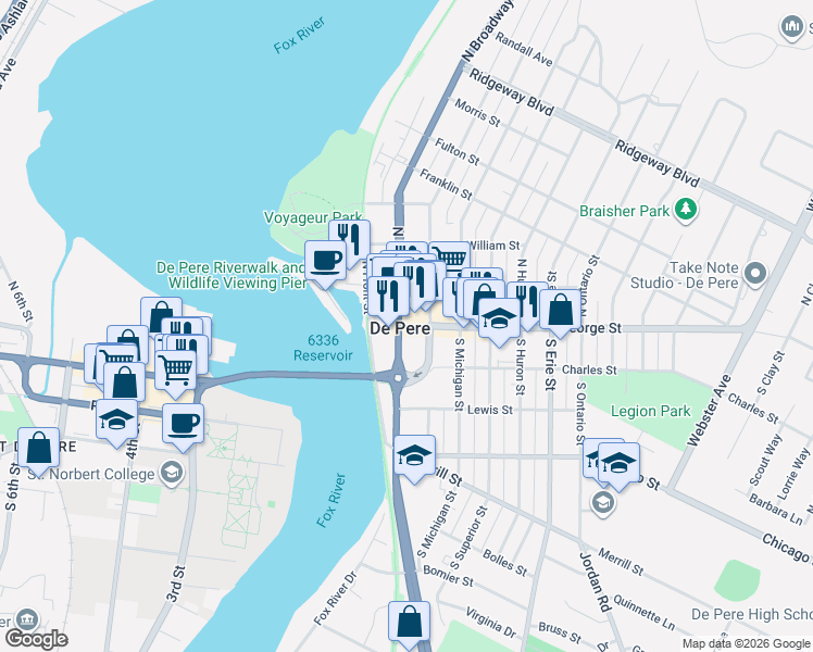 map of restaurants, bars, coffee shops, grocery stores, and more near 105 South Broadway in De Pere