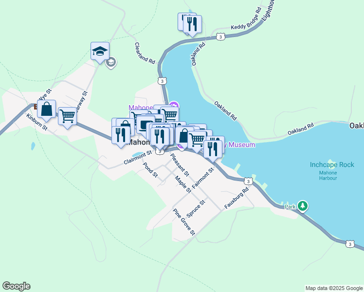 map of restaurants, bars, coffee shops, grocery stores, and more near 575 Main Street in Mahone Bay