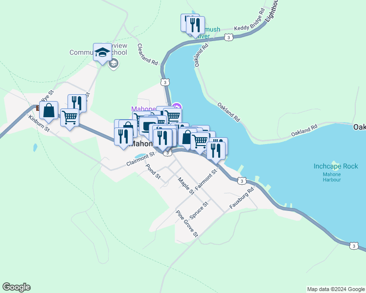 map of restaurants, bars, coffee shops, grocery stores, and more near 567 Main Street in Mahone Bay