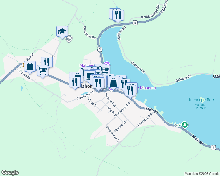 map of restaurants, bars, coffee shops, grocery stores, and more near 567 Main Street in Mahone Bay