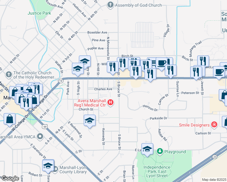 map of restaurants, bars, coffee shops, grocery stores, and more near 603 Charles Avenue in Marshall