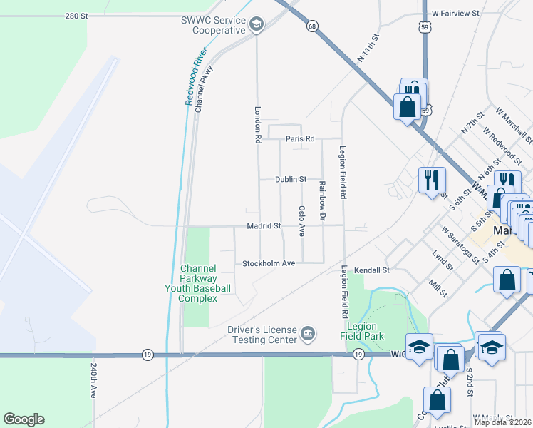 map of restaurants, bars, coffee shops, grocery stores, and more near 221 London Road in Marshall