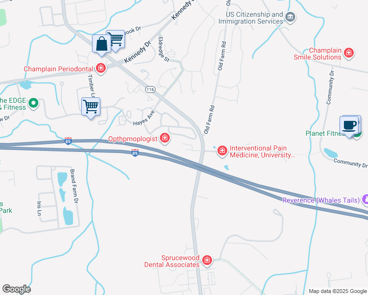 map of restaurants, bars, coffee shops, grocery stores, and more near 117 John Fay Road in South Burlington