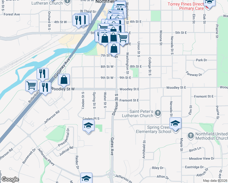 map of restaurants, bars, coffee shops, grocery stores, and more near 1000 Division Street South in Northfield