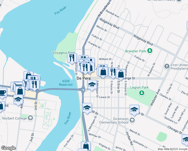 map of restaurants, bars, coffee shops, grocery stores, and more near 515 George Street in De Pere