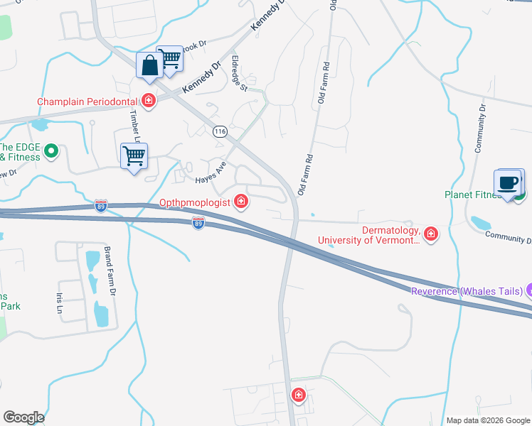 map of restaurants, bars, coffee shops, grocery stores, and more near 117 John Fay Road in South Burlington