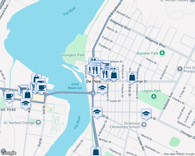 map of restaurants, bars, coffee shops, grocery stores, and more near 515 George Street in De Pere