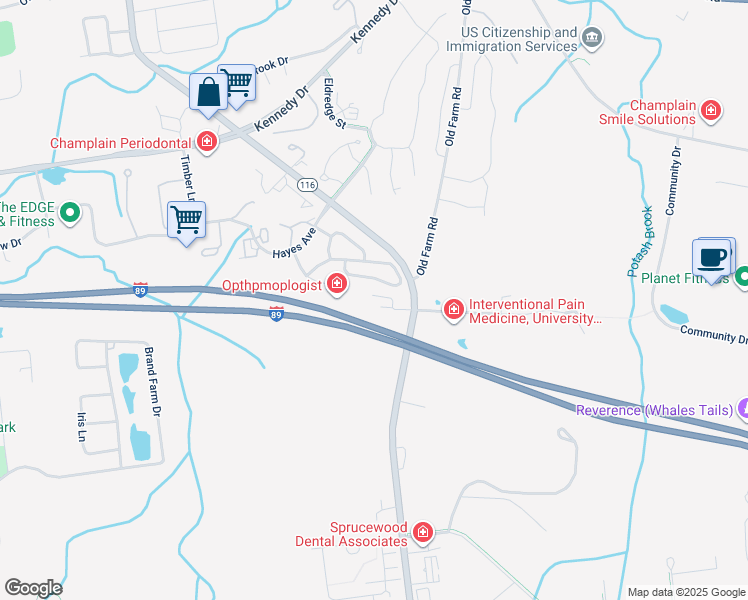 map of restaurants, bars, coffee shops, grocery stores, and more near 117 John Fay Road in South Burlington