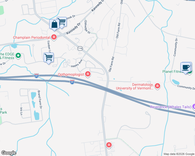 map of restaurants, bars, coffee shops, grocery stores, and more near 117 John Fay Road in South Burlington