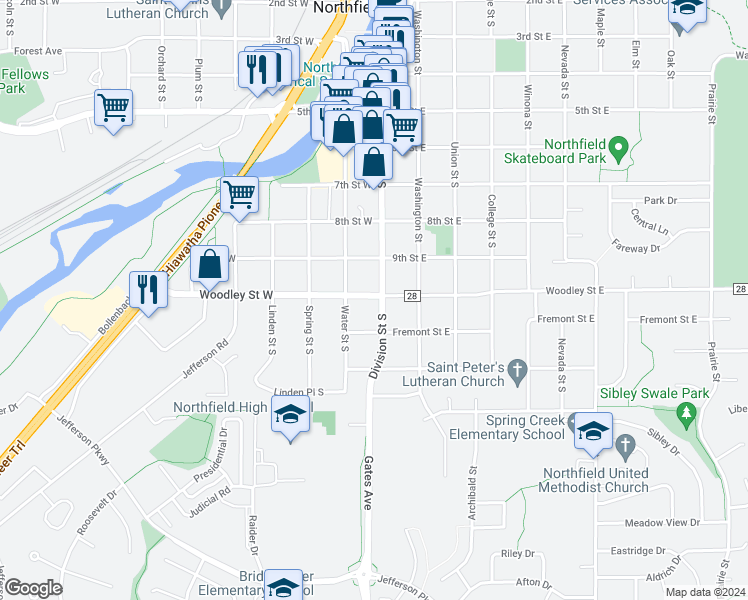 map of restaurants, bars, coffee shops, grocery stores, and more near 918 Division Street South in Northfield