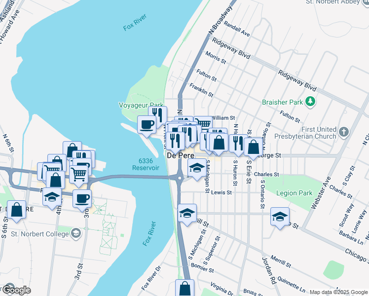 map of restaurants, bars, coffee shops, grocery stores, and more near 112 North Broadway in De Pere