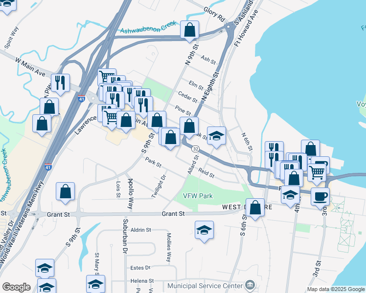 map of restaurants, bars, coffee shops, grocery stores, and more near 120 South 8th Street in De Pere