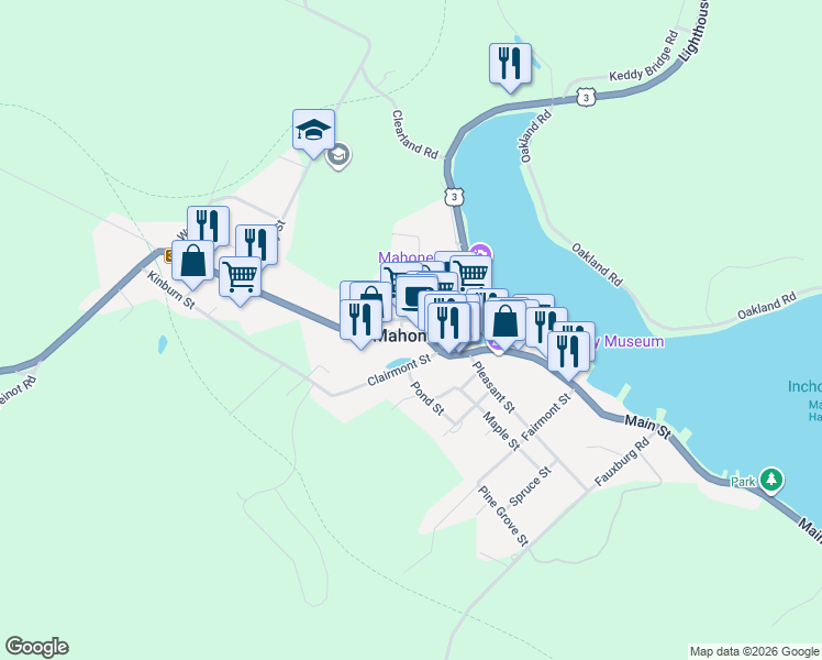 map of restaurants, bars, coffee shops, grocery stores, and more near 499 Main Street in Mahone Bay