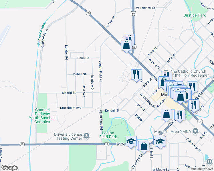 map of restaurants, bars, coffee shops, grocery stores, and more near 305 Legion Field Road in Marshall