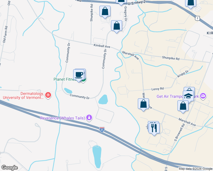 map of restaurants, bars, coffee shops, grocery stores, and more near 55 Community Drive in South Burlington
