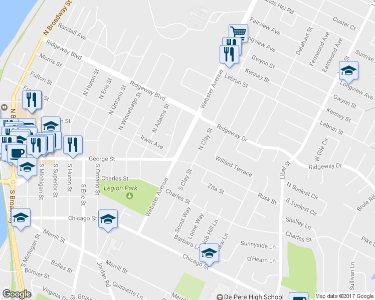 map of restaurants, bars, coffee shops, grocery stores, and more near 112 North Webster Avenue in De Pere