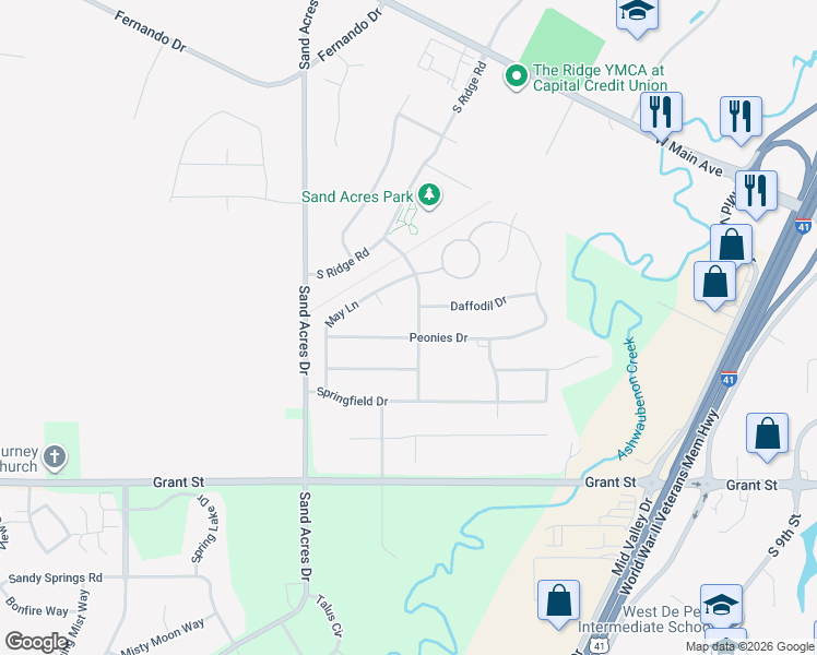 map of restaurants, bars, coffee shops, grocery stores, and more near 3744 Misty Meadow Lane in De Pere