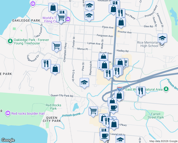 map of restaurants, bars, coffee shops, grocery stores, and more near 15 Raymond Place in Burlington