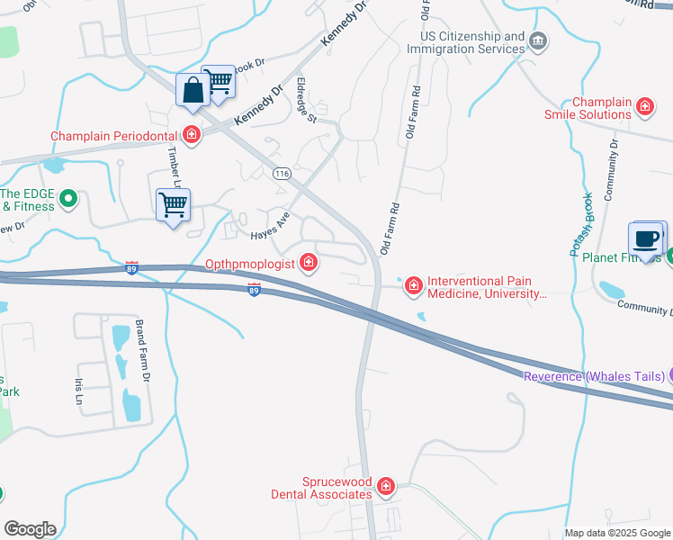 map of restaurants, bars, coffee shops, grocery stores, and more near 117 John Fay Road in South Burlington